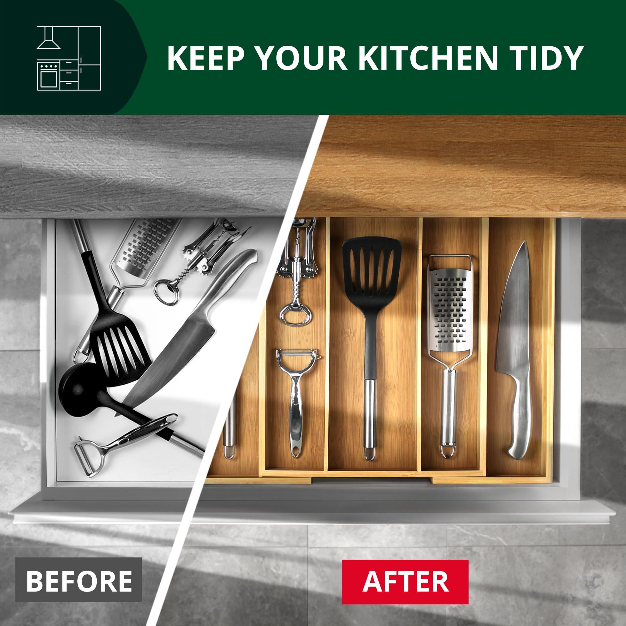 ROYAL CRAFT WOOD measure guide helps ensure the organizer fits your drawer