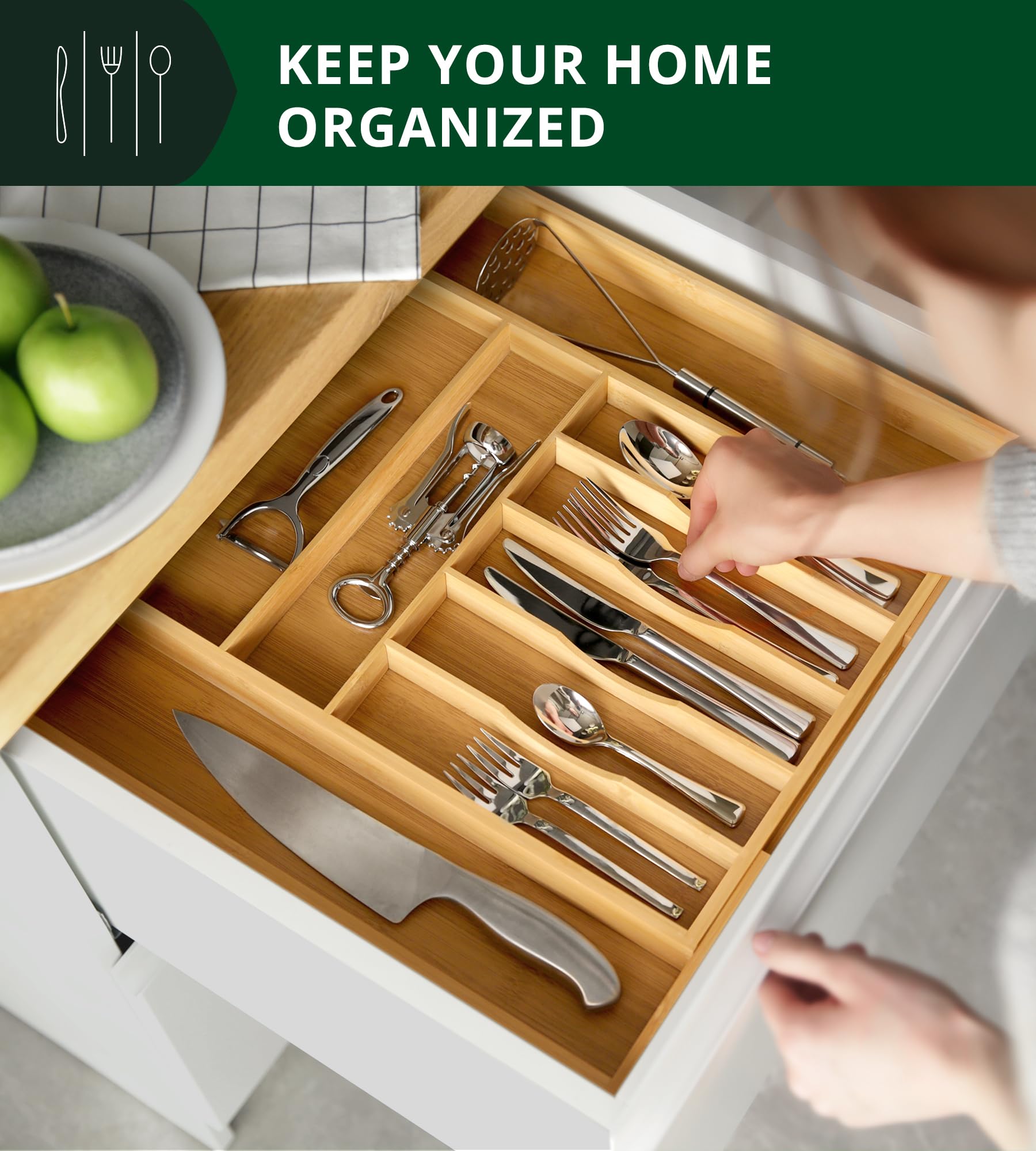 ROYAL CRAFT WOOD natural bamboo drawer tray shown in a tidy cabinet.