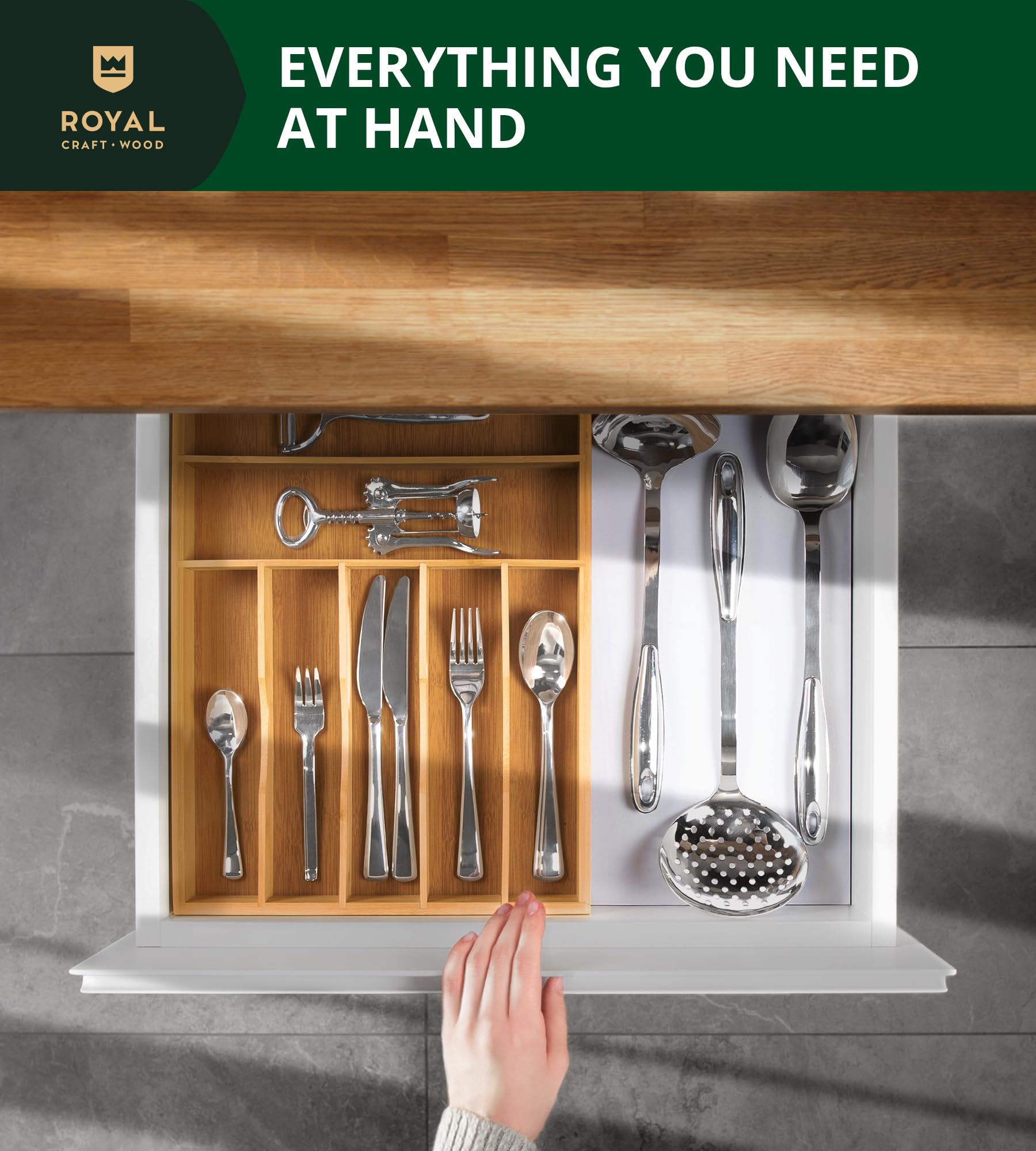 ROYAL CRAFT WOOD water- and odor-resistant bamboo keeps drawers tidy.