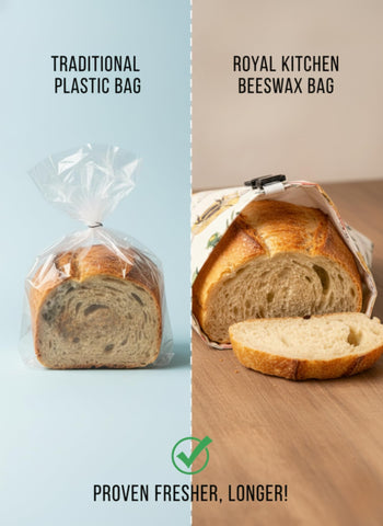 Royal Kitchen beeswax bread bag full loaf inside demonstrates ample capacity for artisan breads.