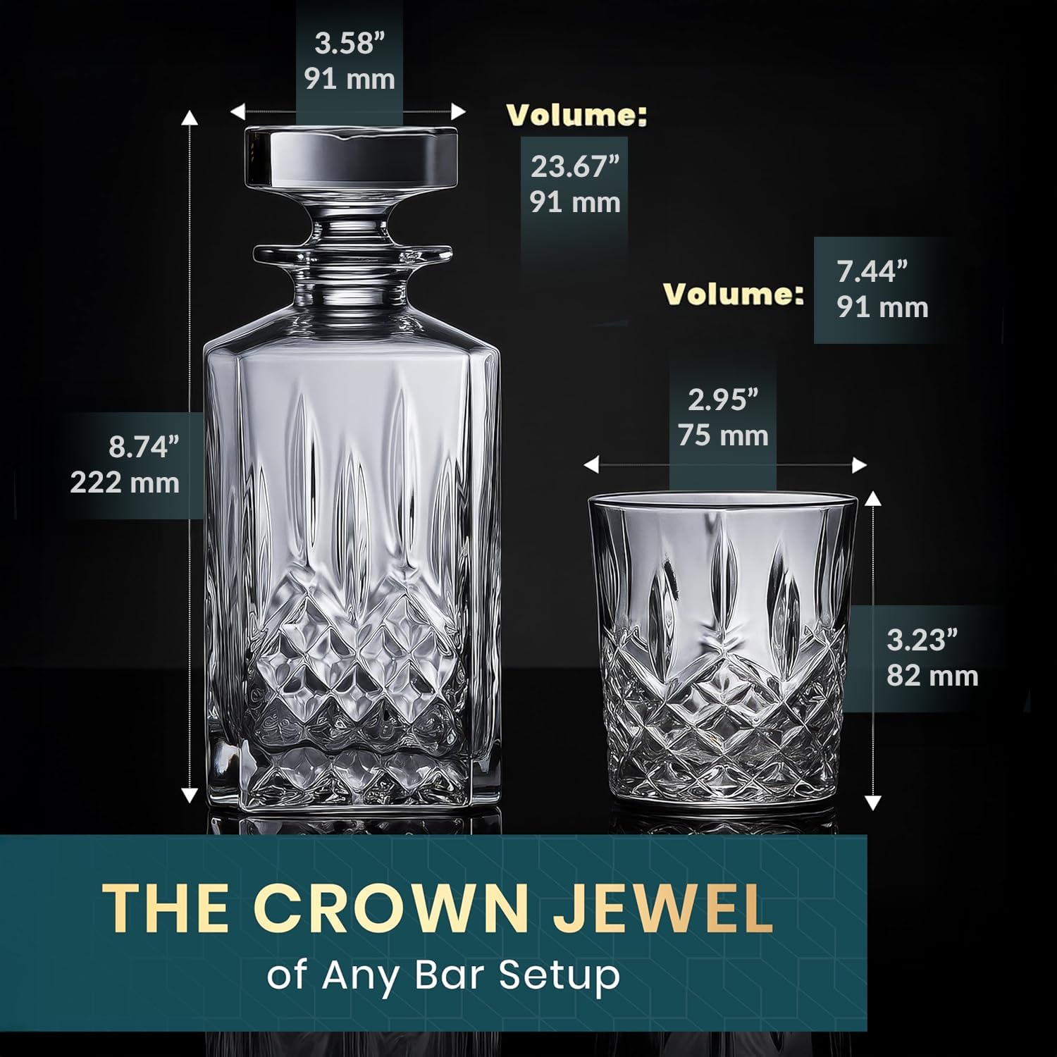 Royal Reserve bar display with decanter and glasses on a stylish surface.