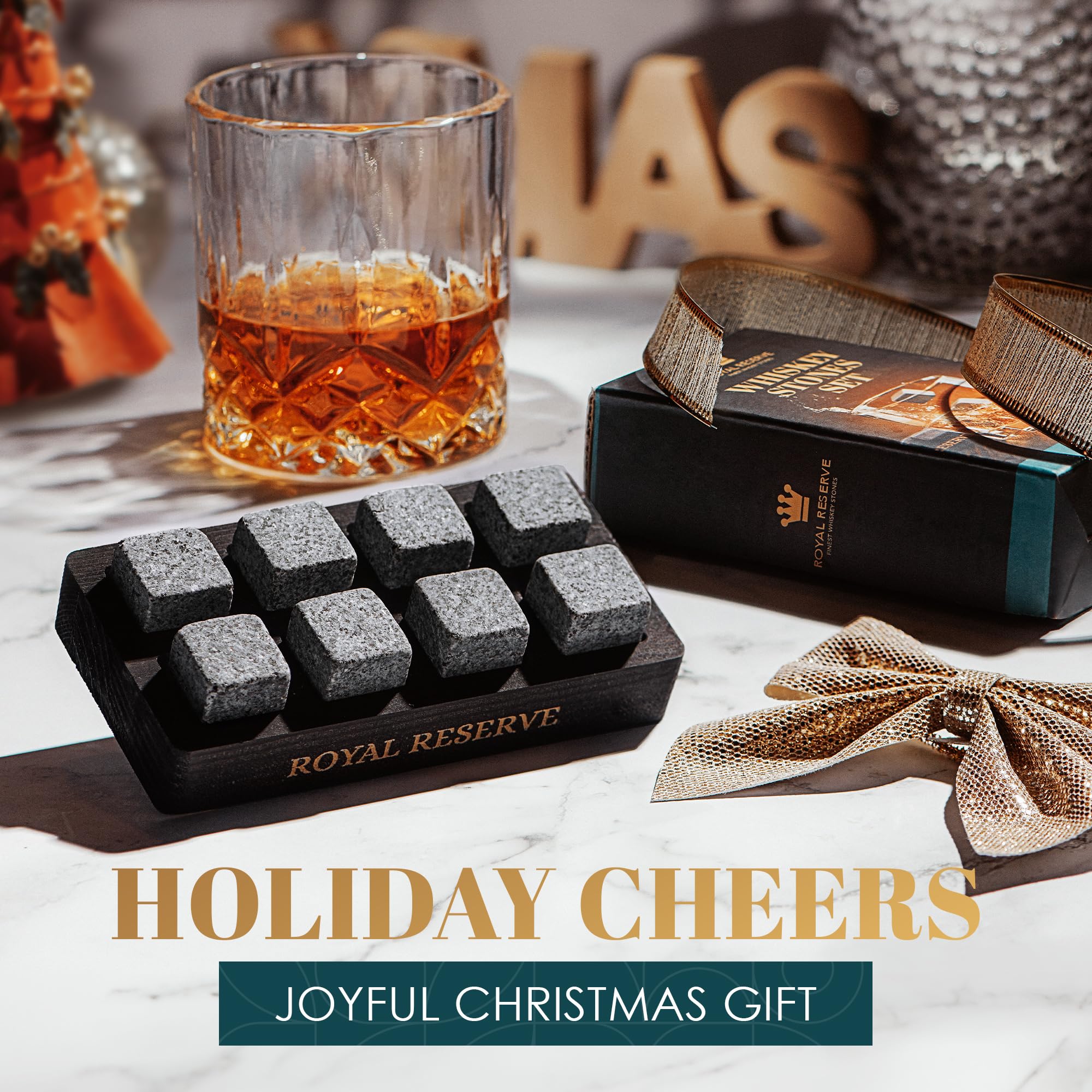 Royal Reserve handcrafted wooden tray with whiskey stones for elegant serving