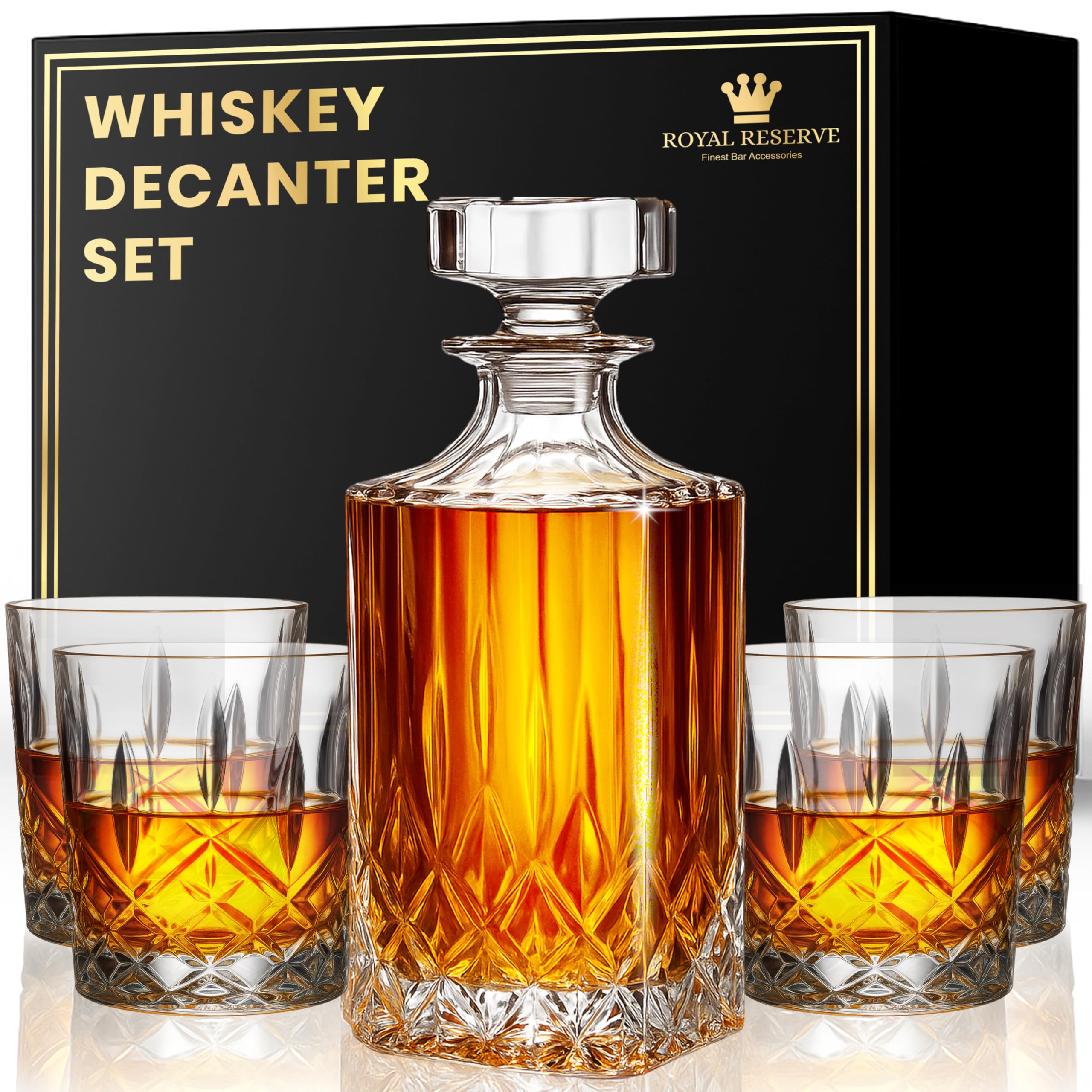 Royal Reserve whiskey decanter 24oz with four glasses for refined tastings.