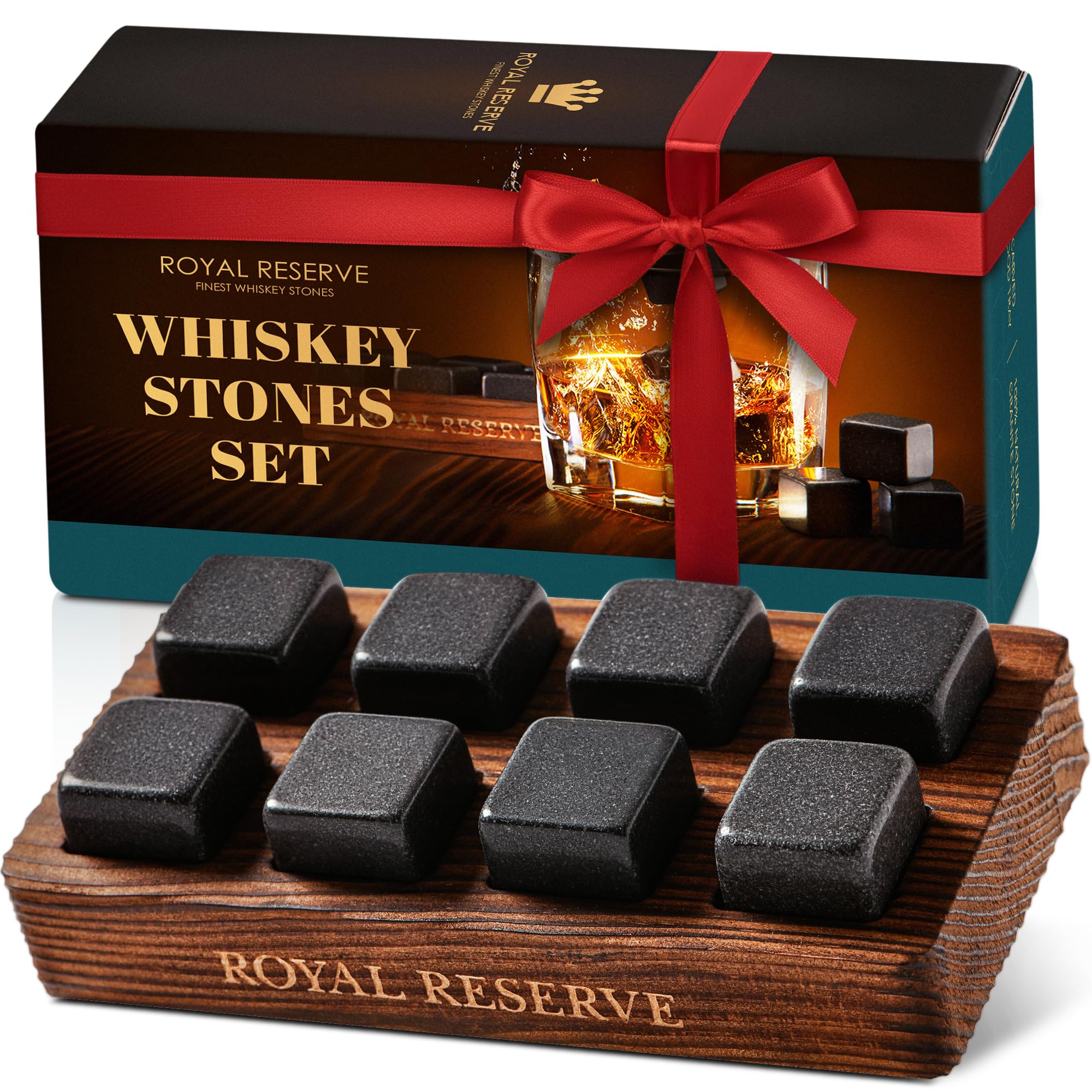 Royal Reserve whiskey stones gift set with eight stones on a wooden tray for undiluted sips