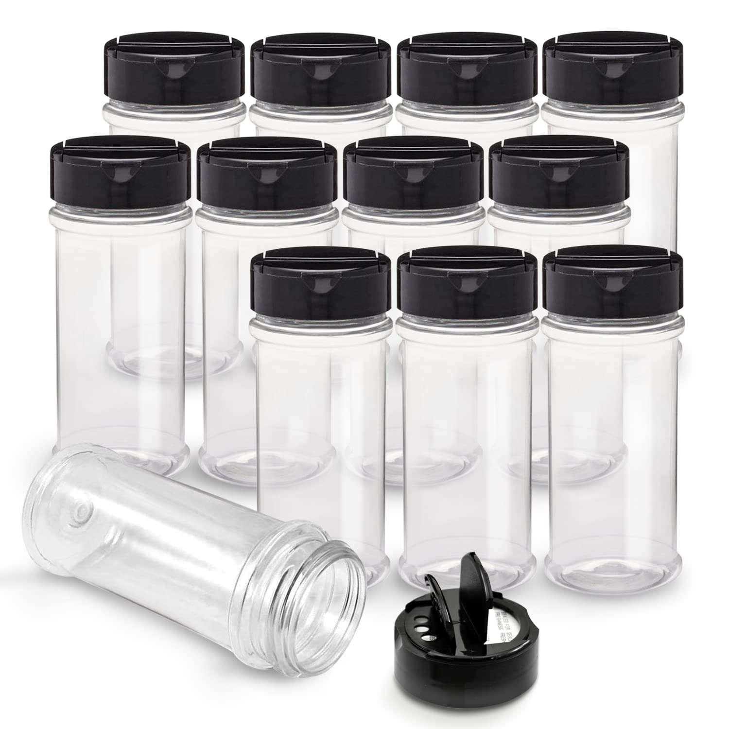 RoyalHouse 12-pack spice jars with clear bottles and black caps for organized pantry storage.