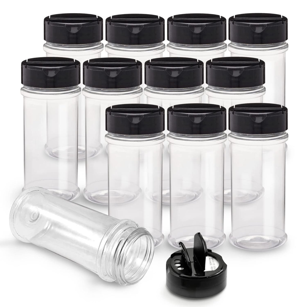 RoyalHouse 12-pack spice jars with clear bottles and black caps for organized pantry storage.