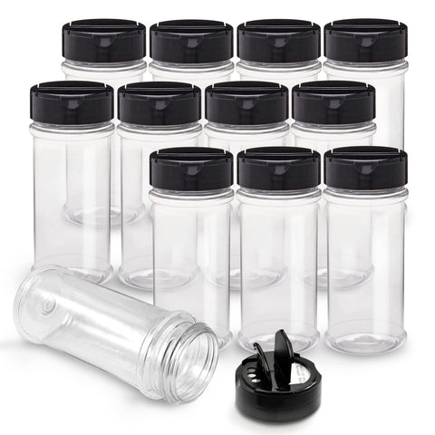RoyalHouse 12-pack spice jars with clear bottles and black caps for organized pantry storage.