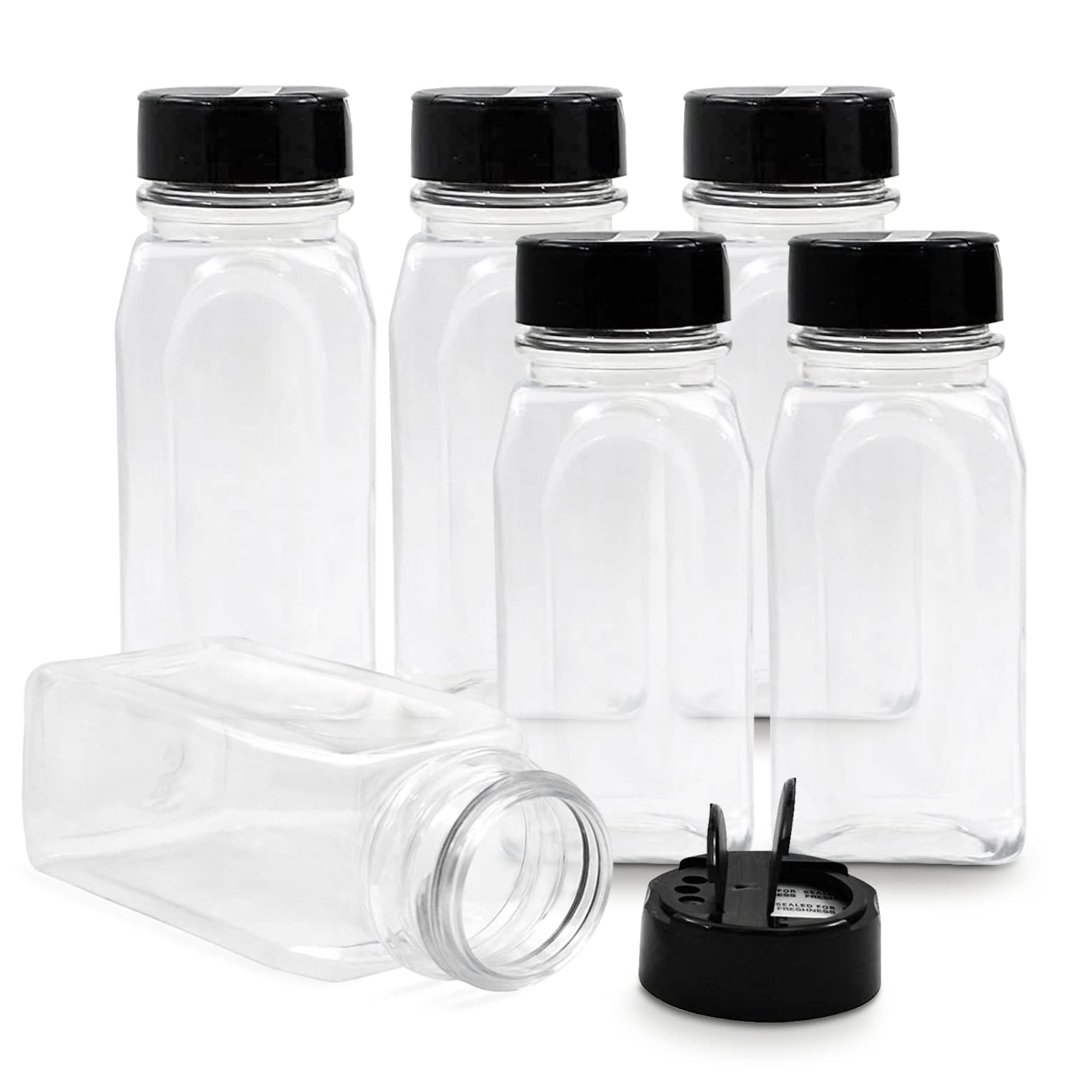 RoyalHouse 6-pack 14 oz spice jars with black caps, ideal for pantry organization.