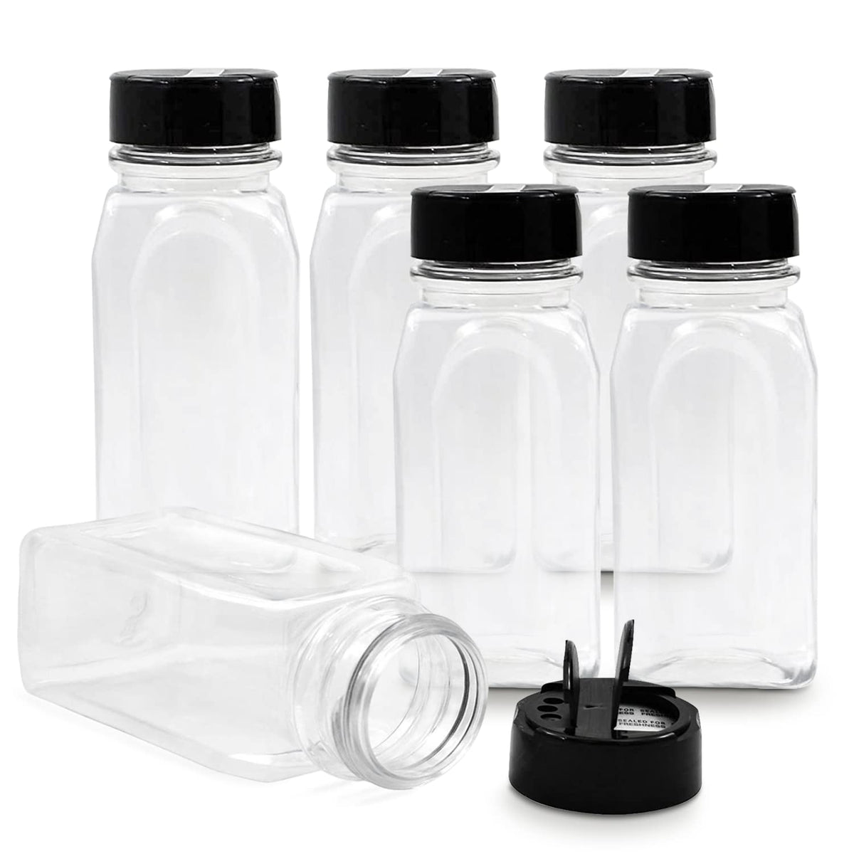 RoyalHouse 6-pack 14 oz spice jars with black caps, ideal for pantry organization.