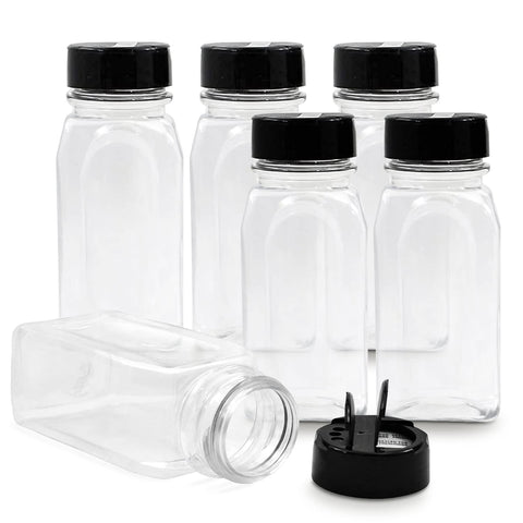 RoyalHouse 6-pack 14 oz spice jars with black caps, ideal for pantry organization.