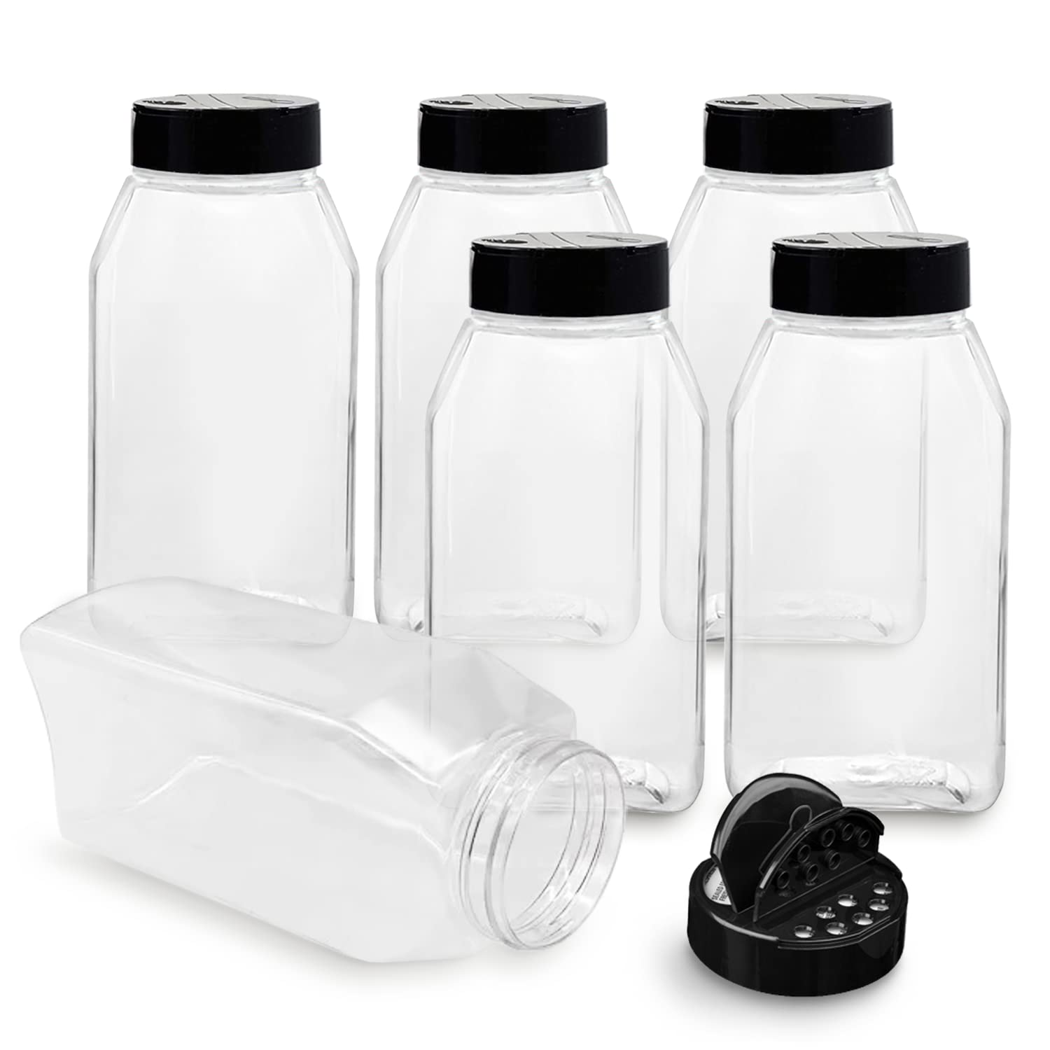 RoyalHouse 6-pack 32oz spice jars with black caps for organized pantry storage.