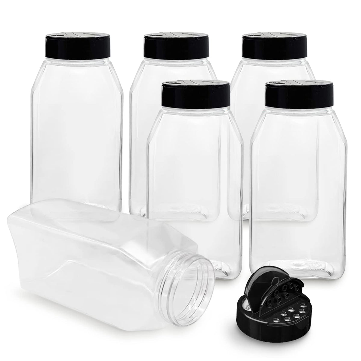 RoyalHouse 6-pack 32oz spice jars with black caps for organized pantry storage.