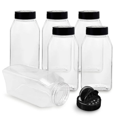 RoyalHouse 6-pack 32oz spice jars with black caps for organized pantry storage.