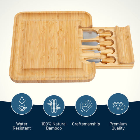 RoyalHouse bamboo charcuterie board with drawer showing built-in knife storage