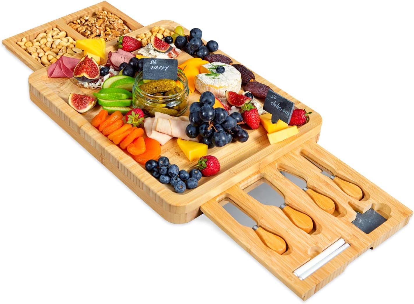 RoyalHouse bamboo cheese board with 2 slide-out drawers for organized cutlery