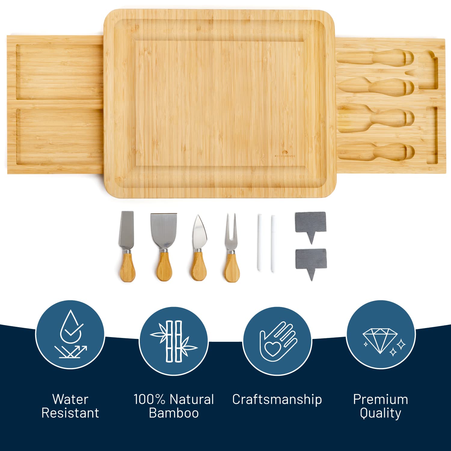 RoyalHouse bamboo cheese board with slide-out knife drawers keeps utensils organized.