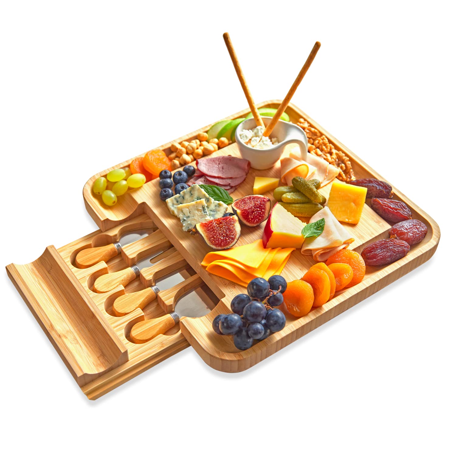RoyalHouse bamboo cheese board showcases a stylish charcuterie display for entertaining