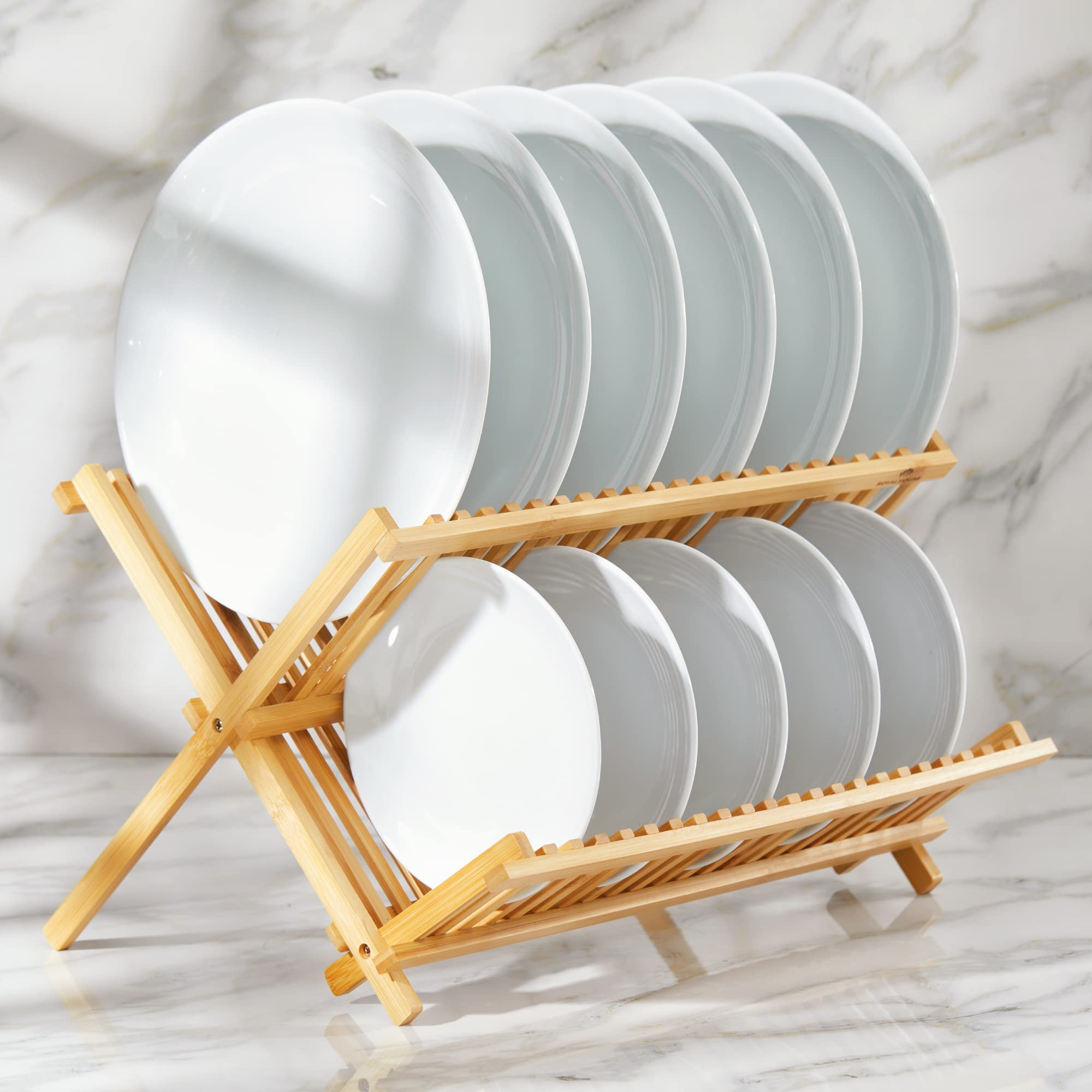 RoyalHouse bamboo dish-drying rack on countertop with open slats for fast drying.