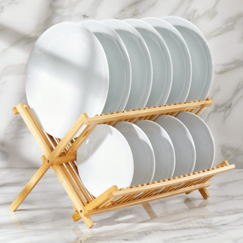 RoyalHouse bamboo dish-drying rack on countertop with open slats for fast drying.