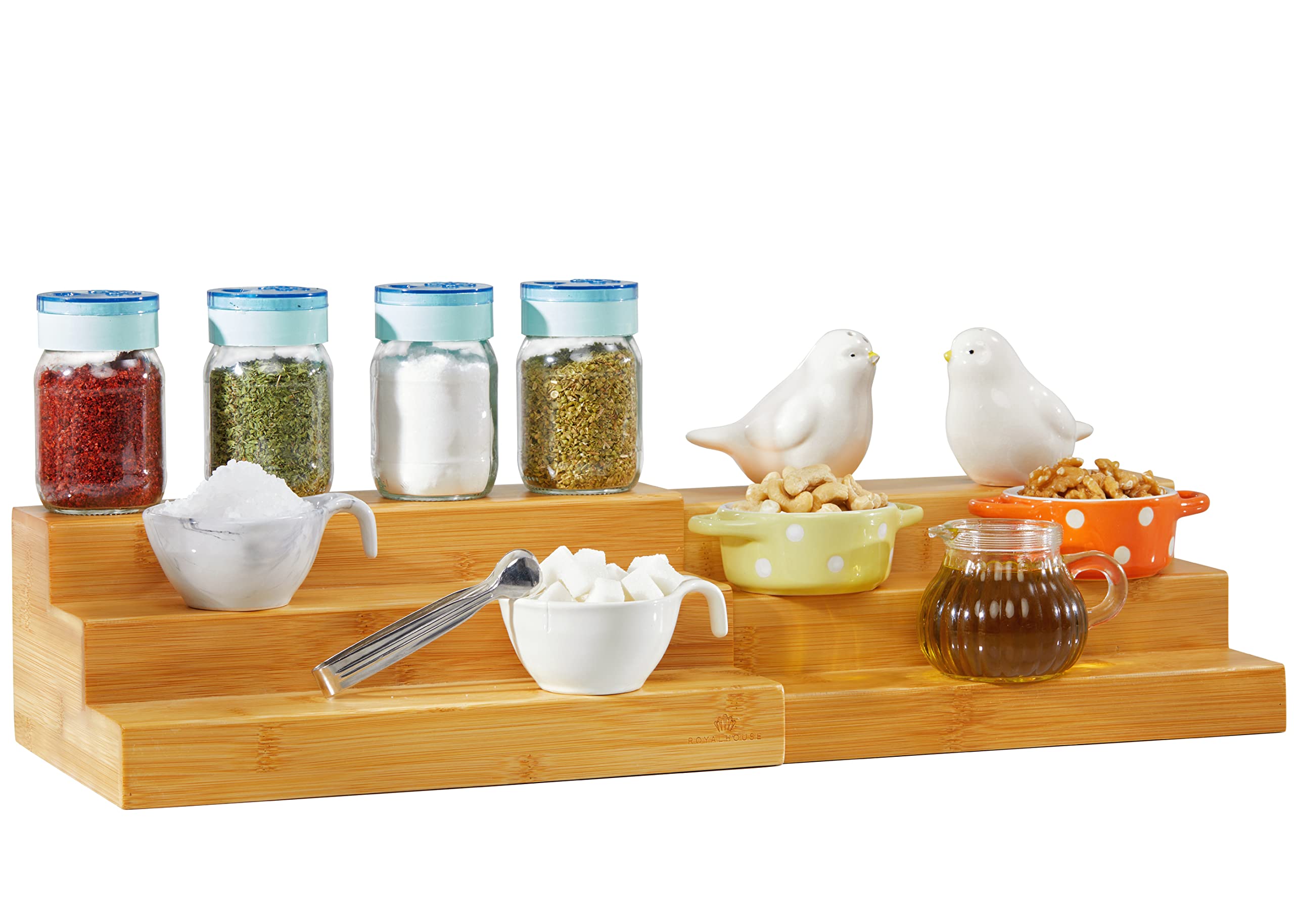 RoyalHouse bamboo expandable spice rack 3-tier ready to organize spice bottles and jars.