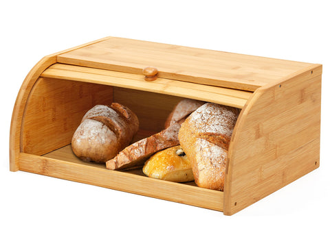 ROYALHOUSE bamboo roll-top bread box assembly demonstrates sturdy, space-saving design.