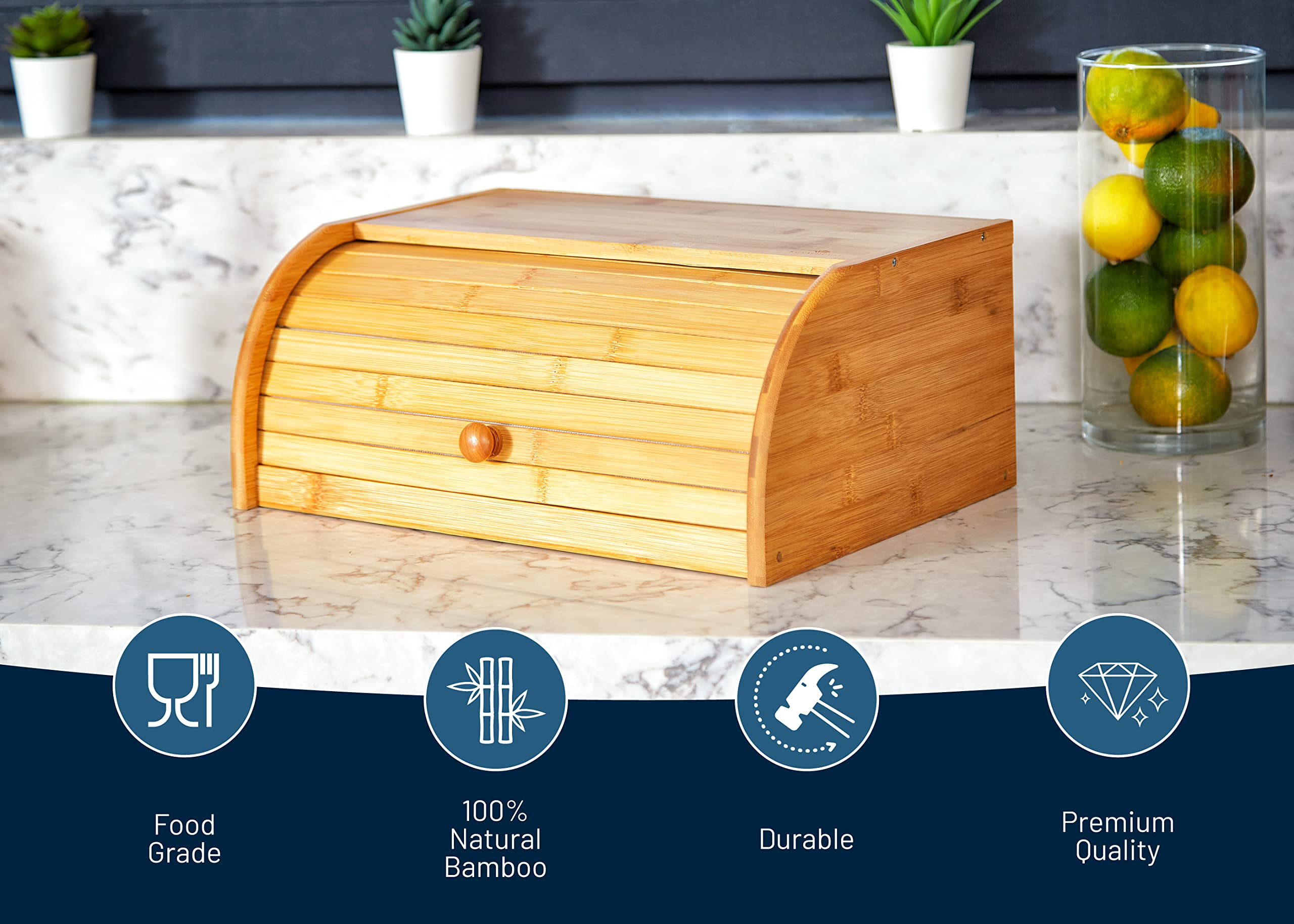 ROYALHOUSE bamboo roll-top bread box interior provides ample space for bread varieties.