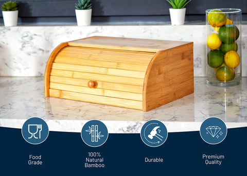 ROYALHOUSE bamboo roll-top bread box interior provides ample space for bread varieties.