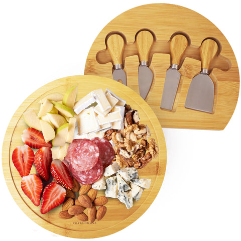 RoyalHouse bamboo round cheese board highlights natural grain for elegant entertaining.