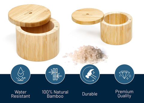 RoyalHouse bamboo salt and pepper holder on a clean kitchen counter for stylish storage