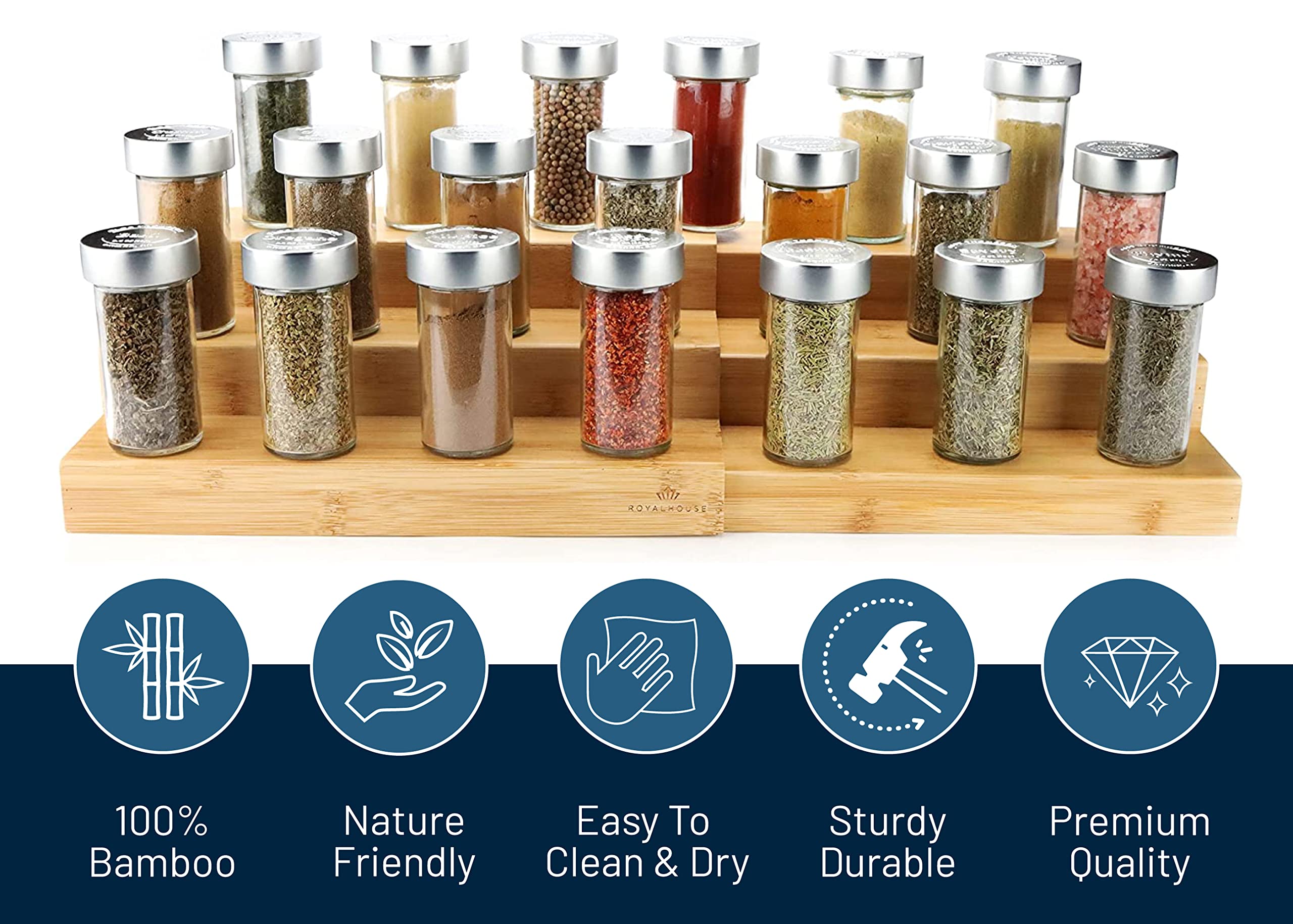 RoyalHouse bamboo spice rack adjustable steps fit different cabinet sizes.
