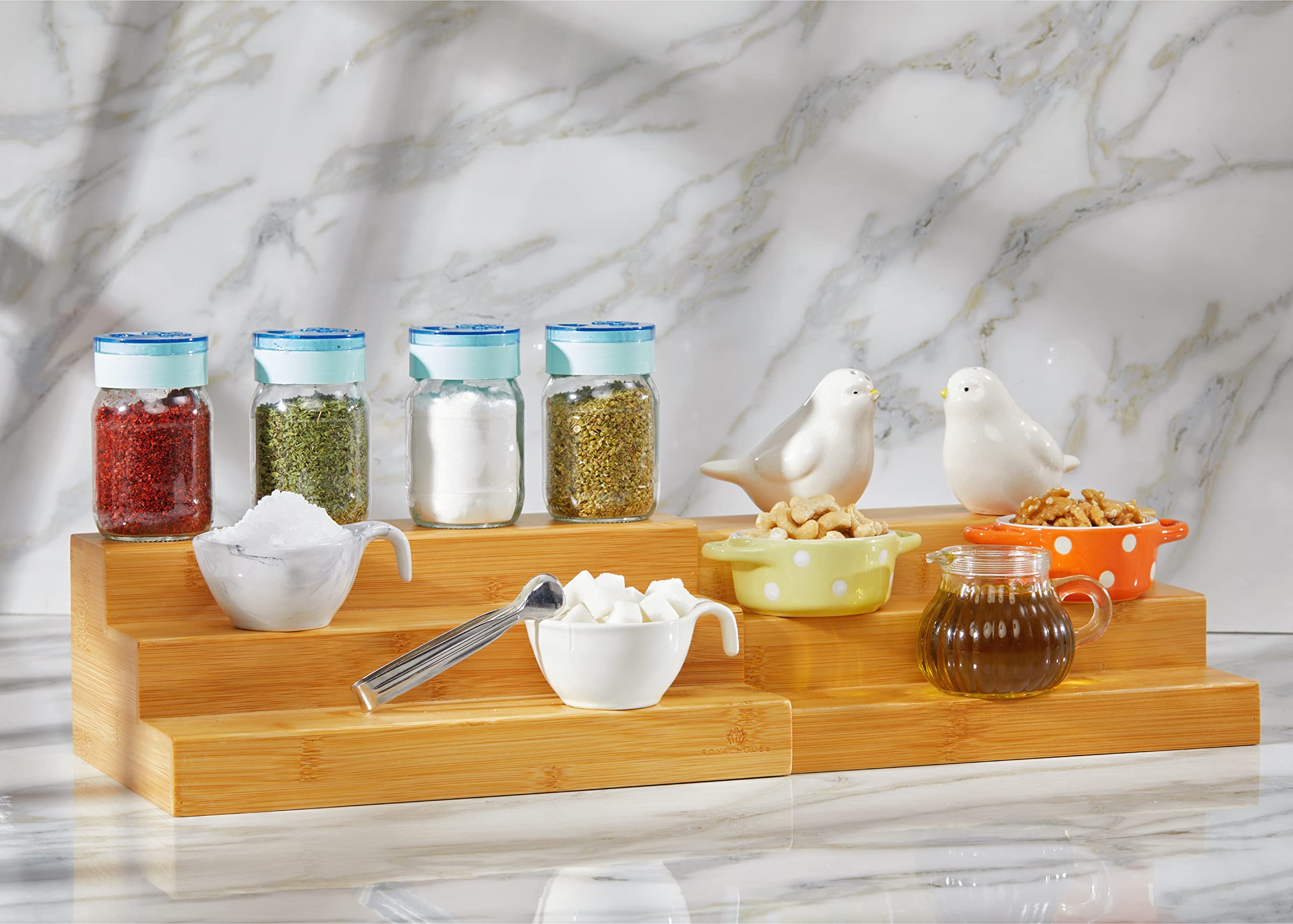 RoyalHouse bamboo spice rack in bathroom can hold perfumes and lotions.