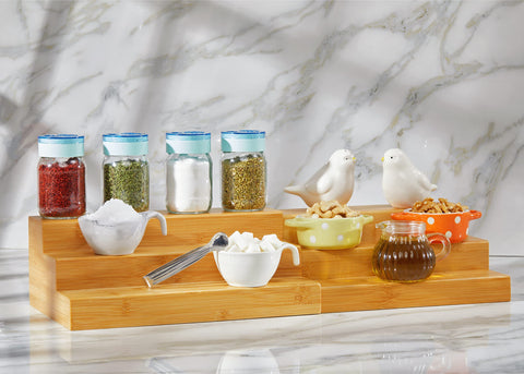 RoyalHouse bamboo spice rack in bathroom can hold perfumes and lotions.