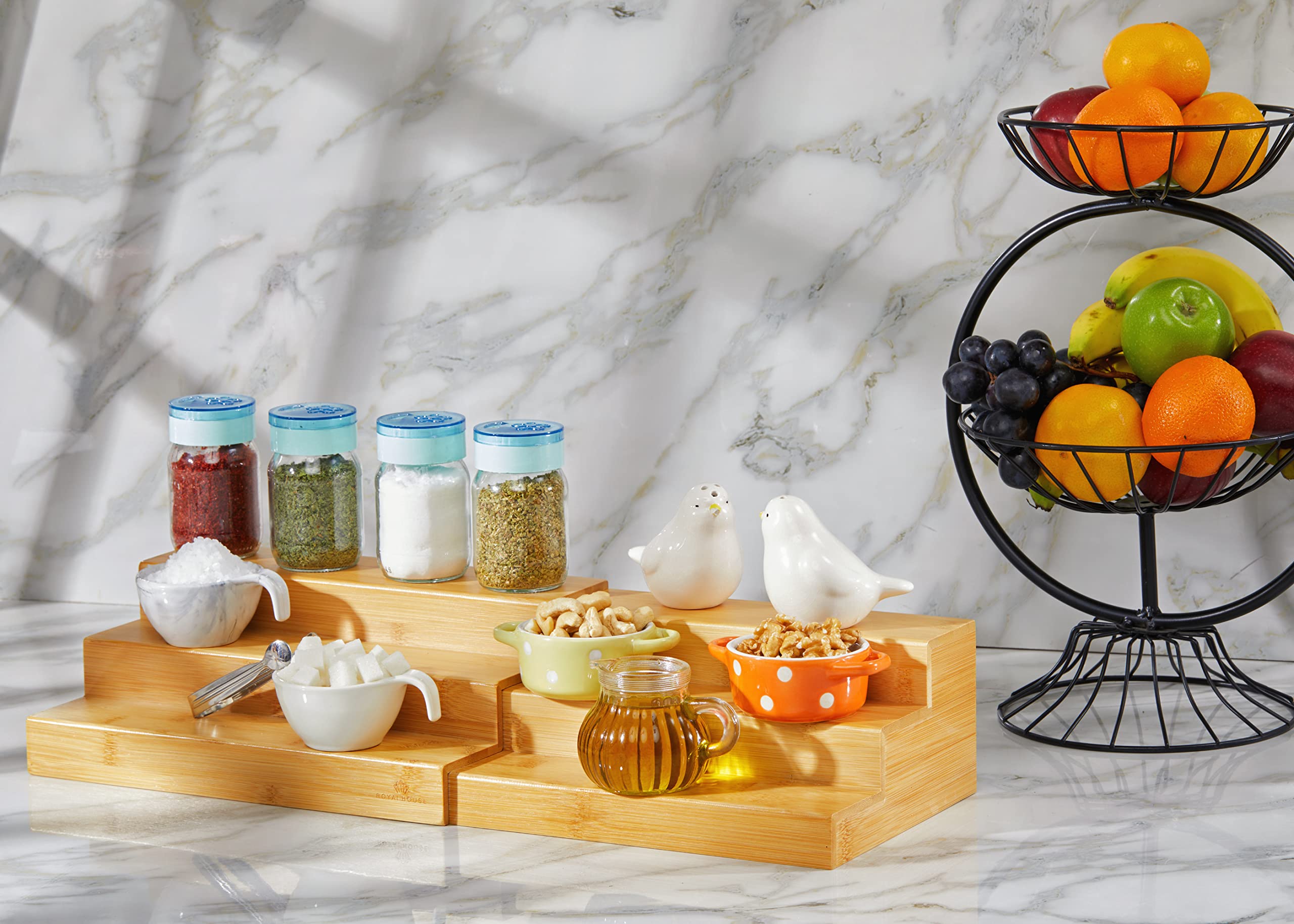 RoyalHouse bamboo spice rack for bottles and jars keeps pantry tidy.