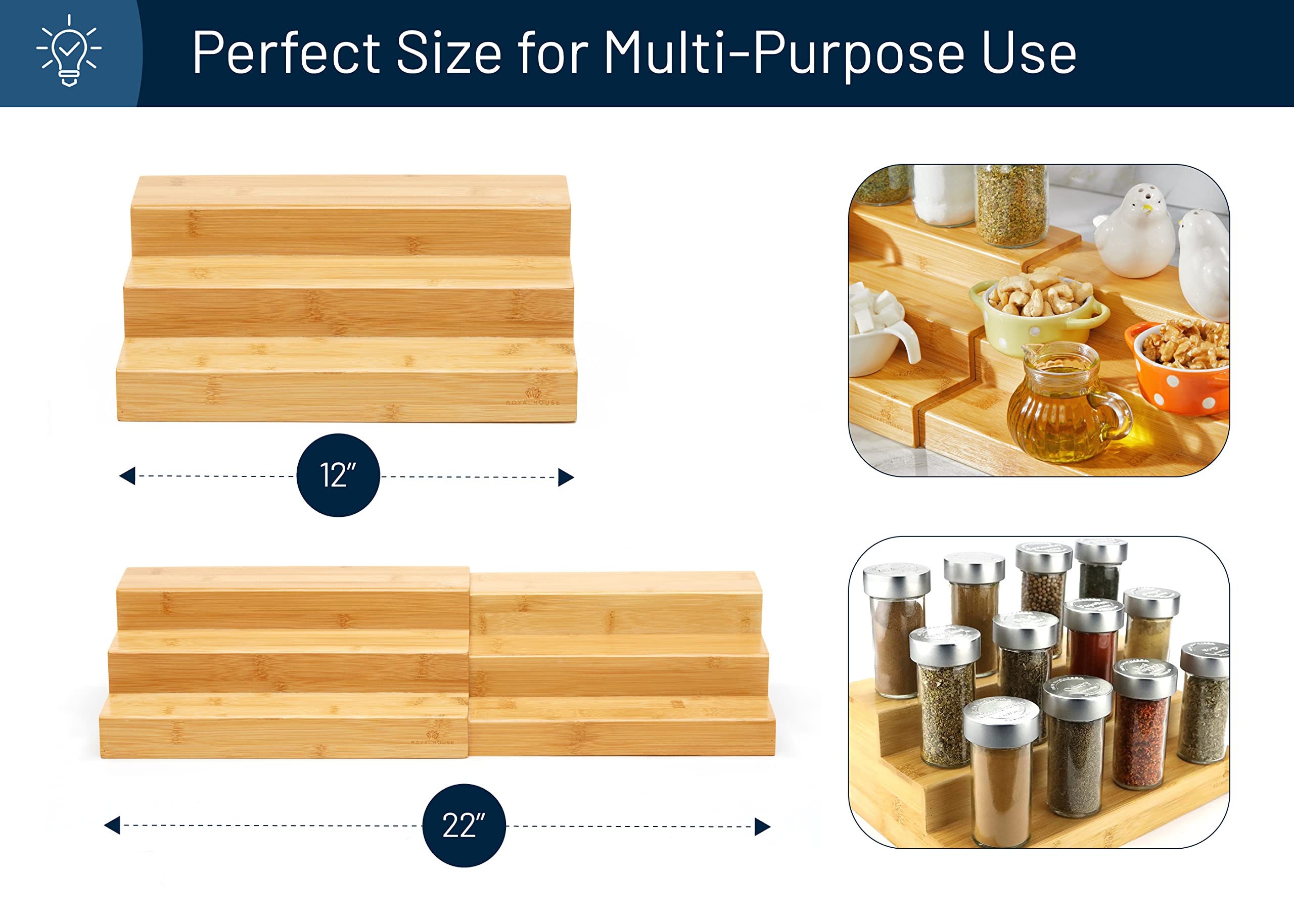 RoyalHouse bamboo spice rack in cabinet keeps spices organized and accessible.