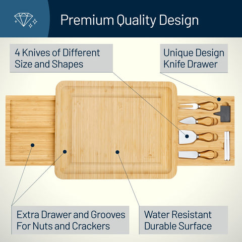 RoyalHouse charcuterie board with two drawers offers easy tool access.