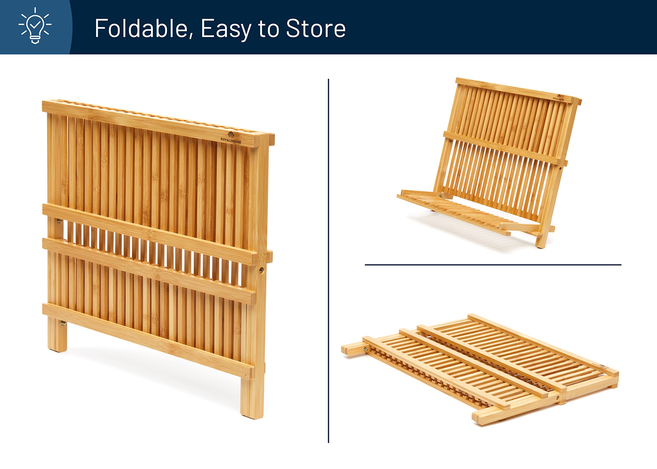 RoyalHouse collapsible dish rack with wood finish beside the sink for versatile storage.
