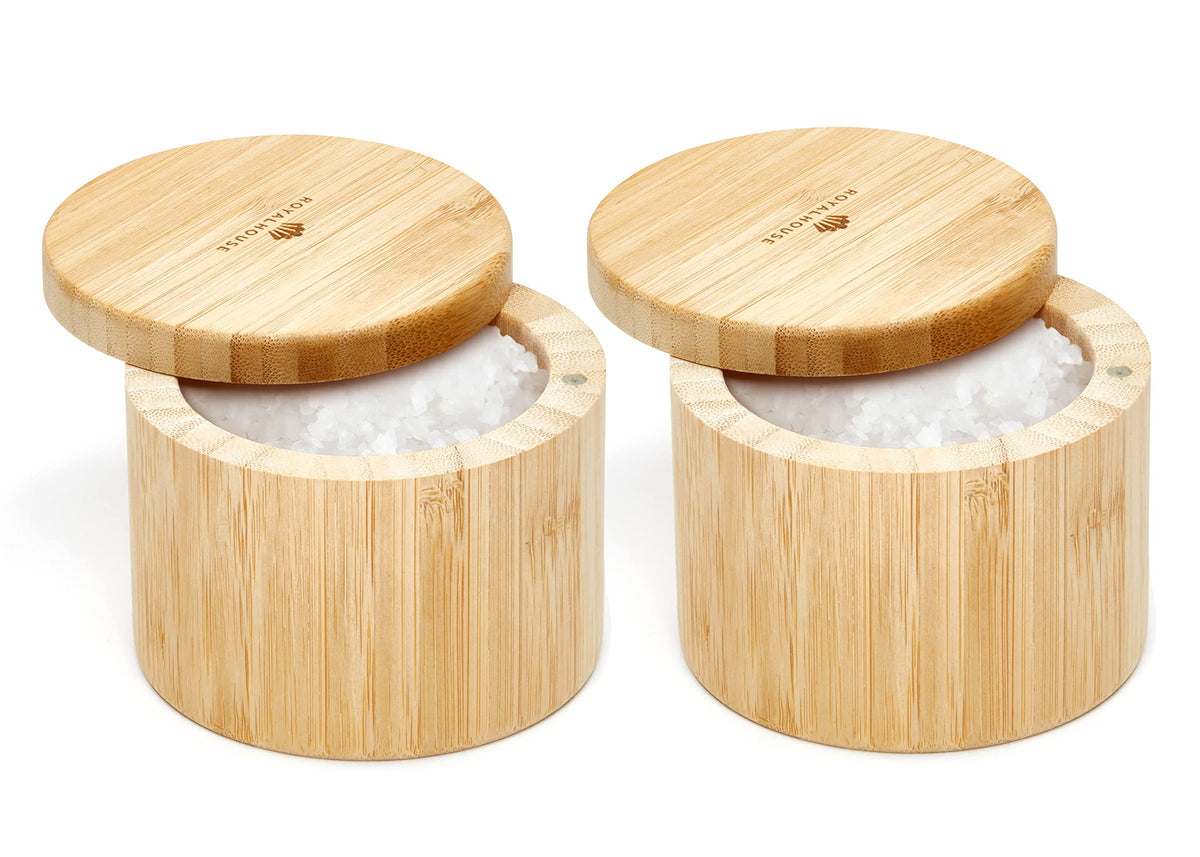 RoyalHouse bamboo salt cellar with magnetic swivel lid for easy access