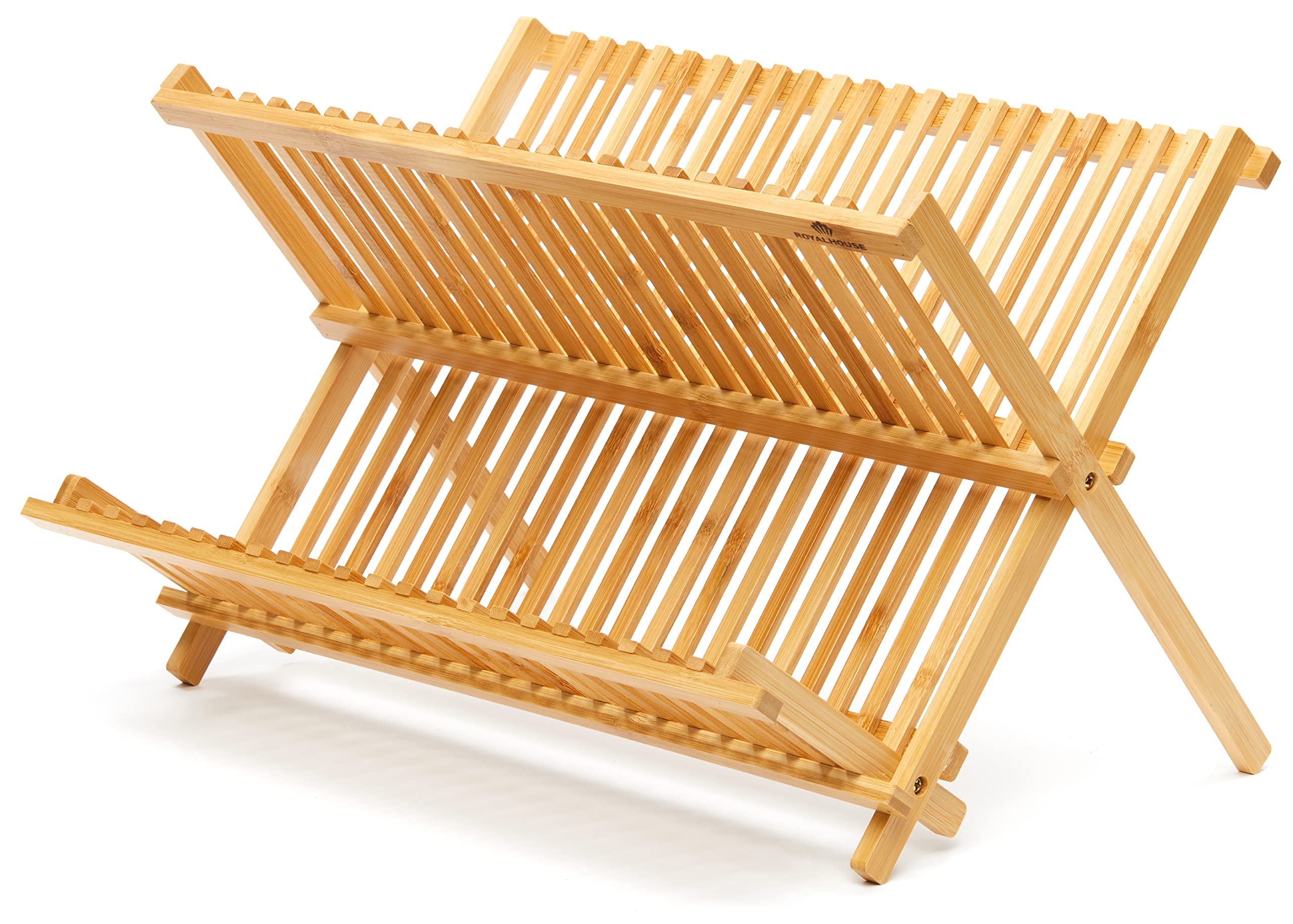 RoyalHouse premium bamboo dish rack assembled on counter for air drying.