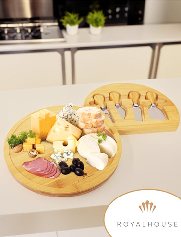 RoyalHouse round cheese board with slide-out drawer keeps serving tools within reach.