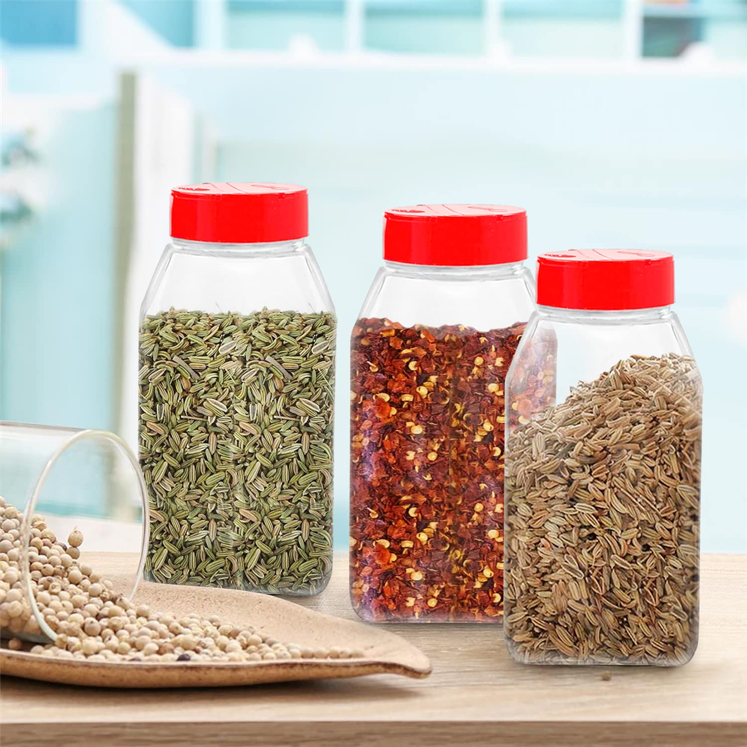 RoyalHouse spice jars in organized kitchen pantry.