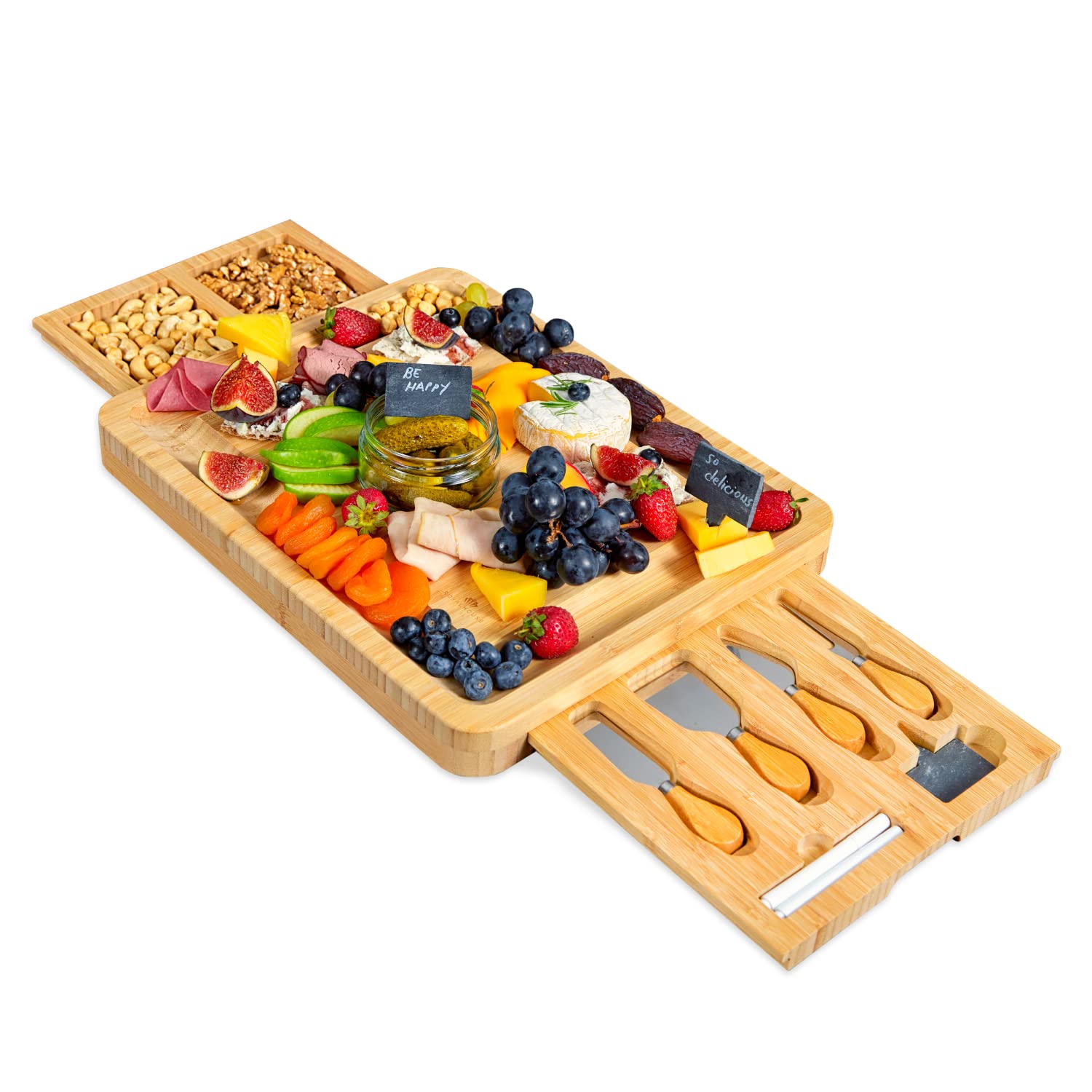 RoyalHouse unique bamboo cheese board offers an elegant entertaining surface.