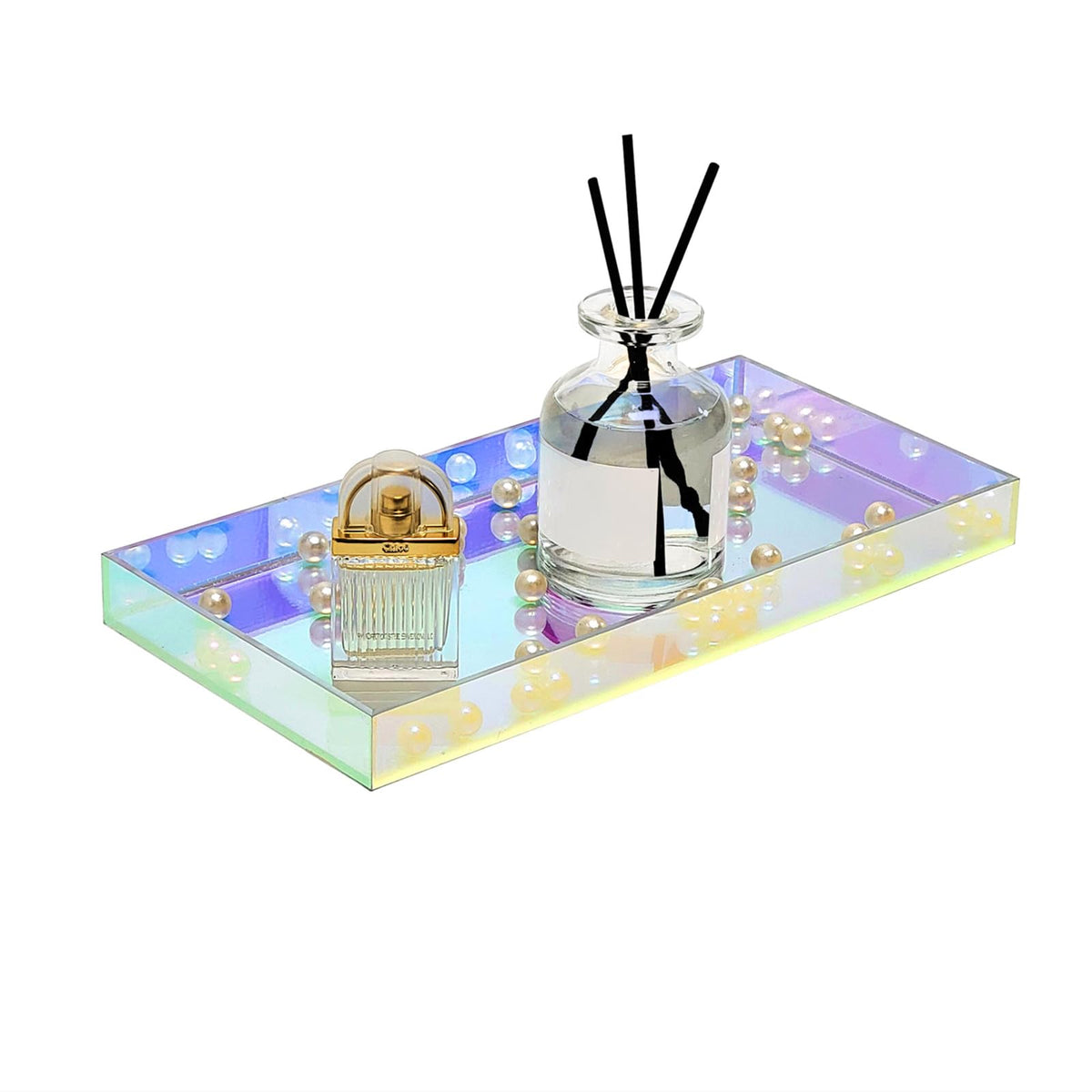 ROYALITA iridescent tray front view on vanity for compact cosmetics organization