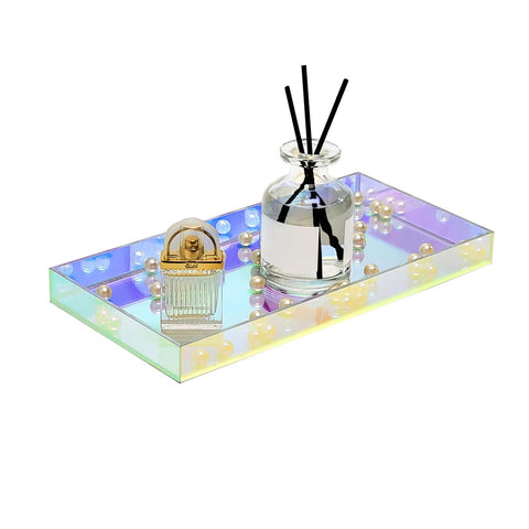 ROYALITA iridescent tray front view on vanity for compact cosmetics organization