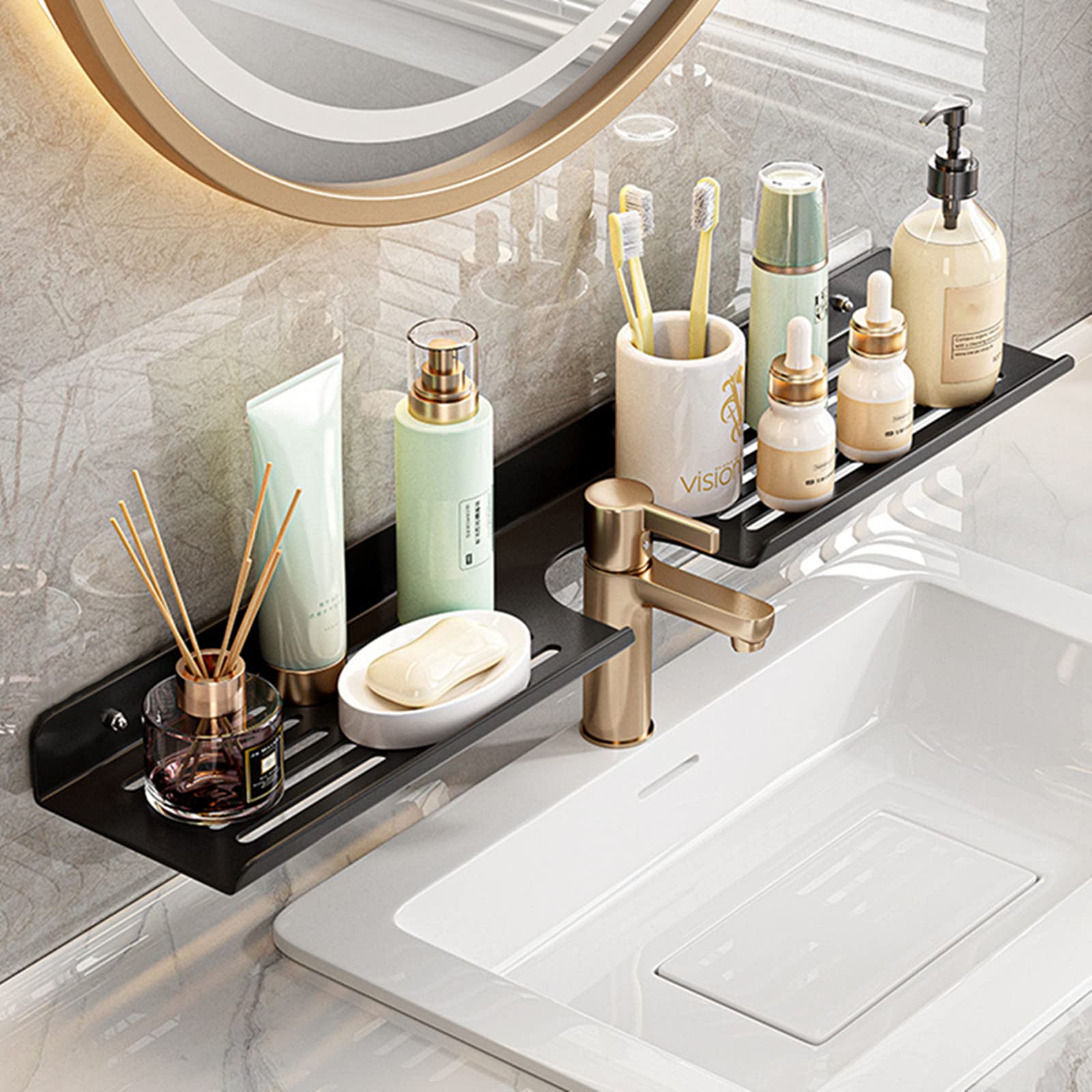 ROYALITA over-sink shelf keeps items accessible after use.