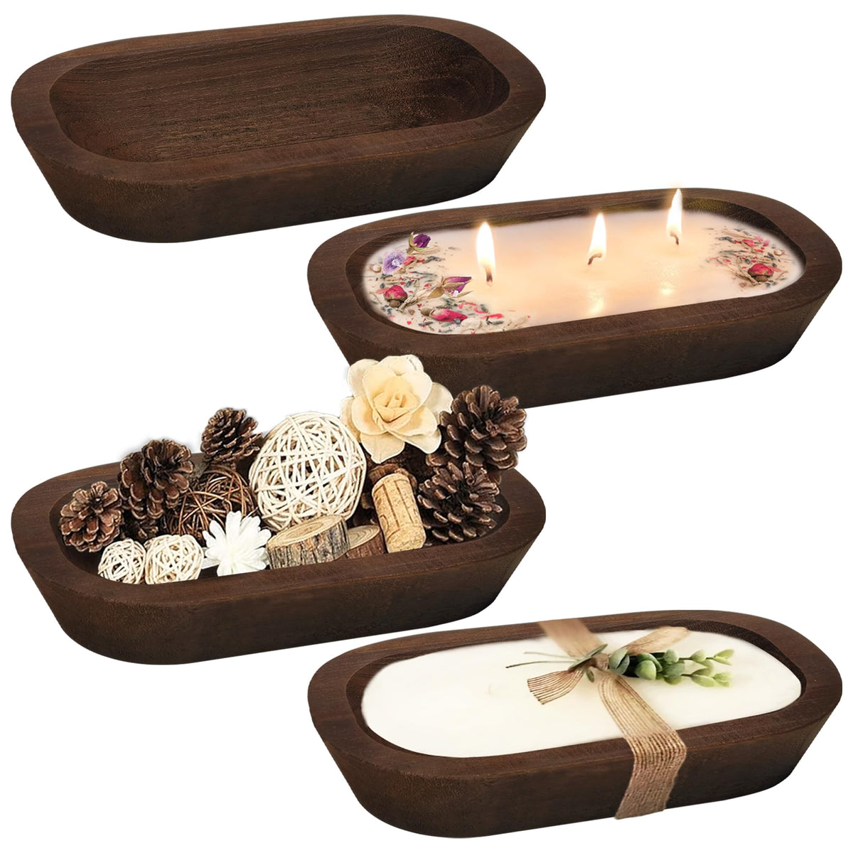 Royxen 4-pack raw wood dough bowls with natural grain for rustic decor.