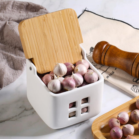 RQYIXI ceramic garlic keeper on counter pairs elegance with ventilation for dryness.