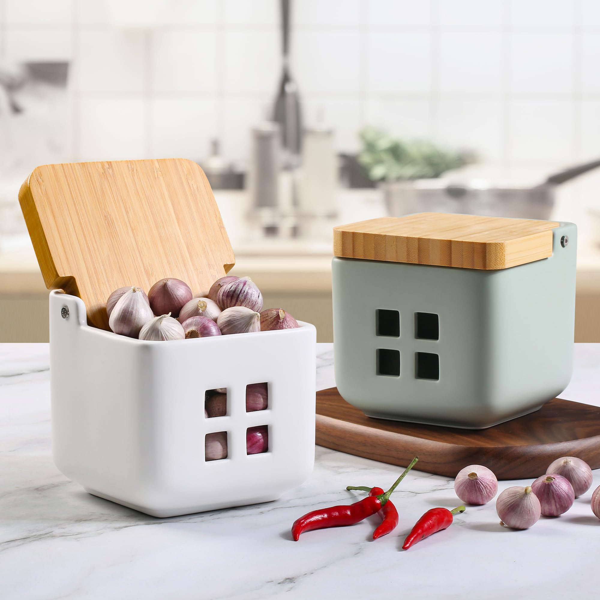RQYIXI glossy ceramic garlic jar adds chic touch while protecting contents.