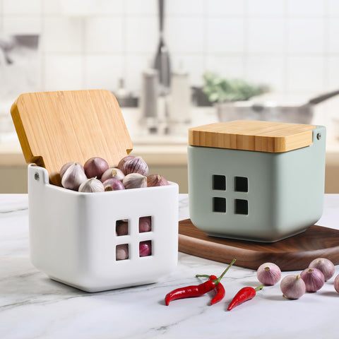 RQYIXI glossy ceramic garlic jar adds chic touch while protecting contents.