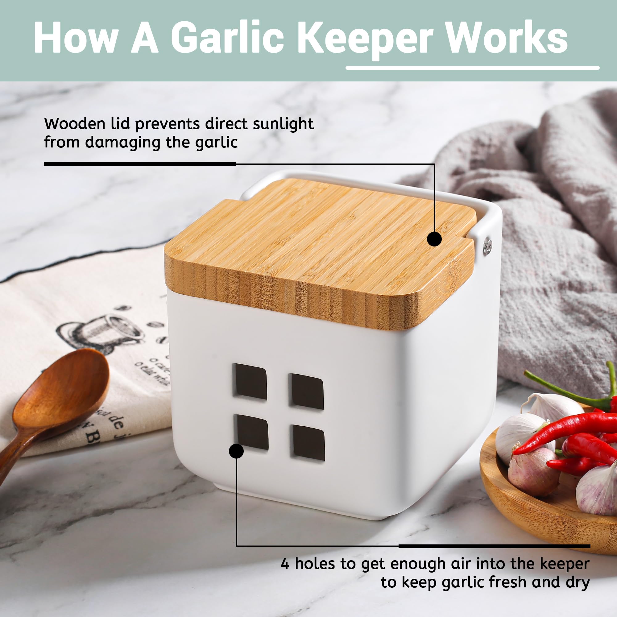 RQYIXI garlic storage with four vents promotes airflow and moisture control.