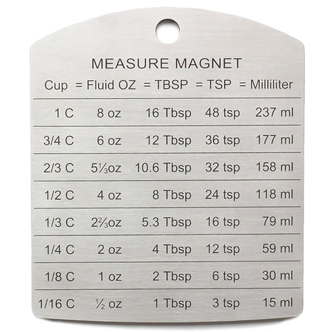 RSVP Endurance conversion magnet on fridge displaying cups to milliliters for quick baking references.